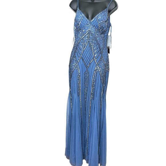 Jump Apparel Blue Beaded Dazzling Sequin Spaghetti Strap Gown Women’s Size 9/10 - Picture 1 of 13
